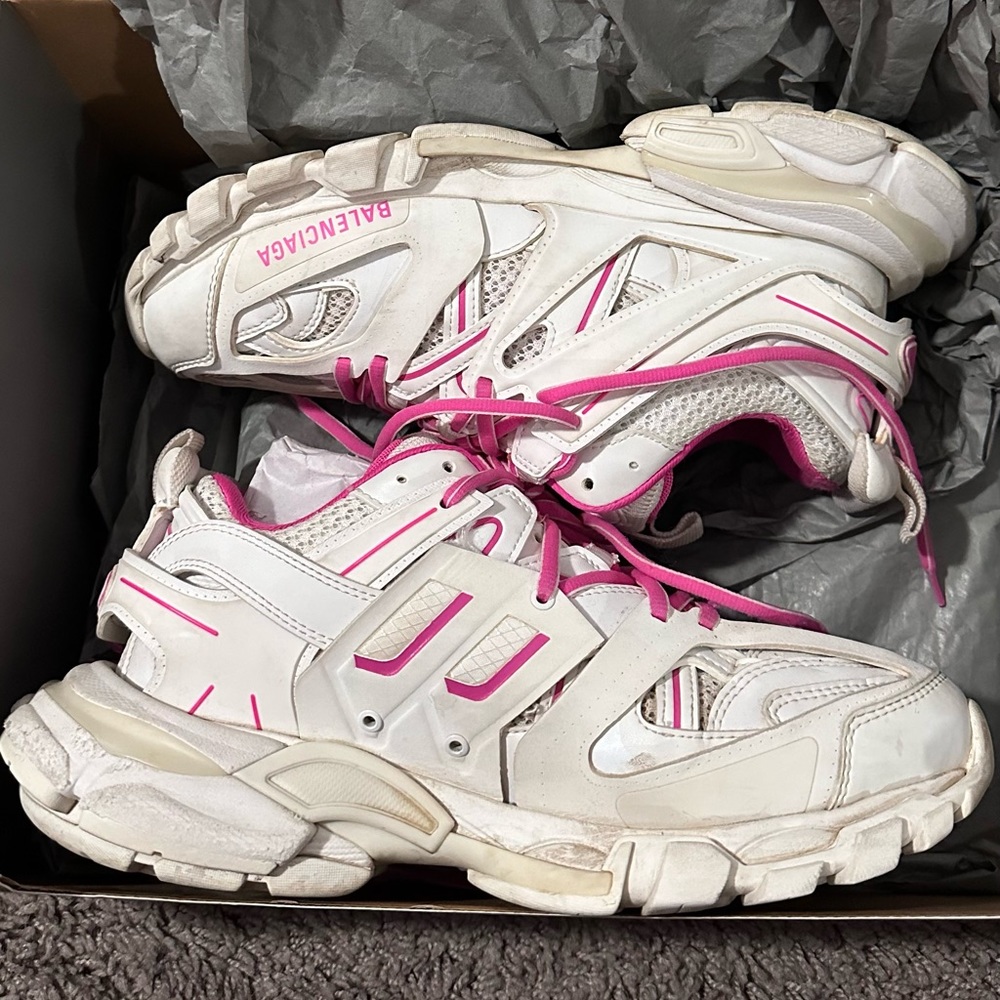 White and Pink Balenciaga Track Sneakers